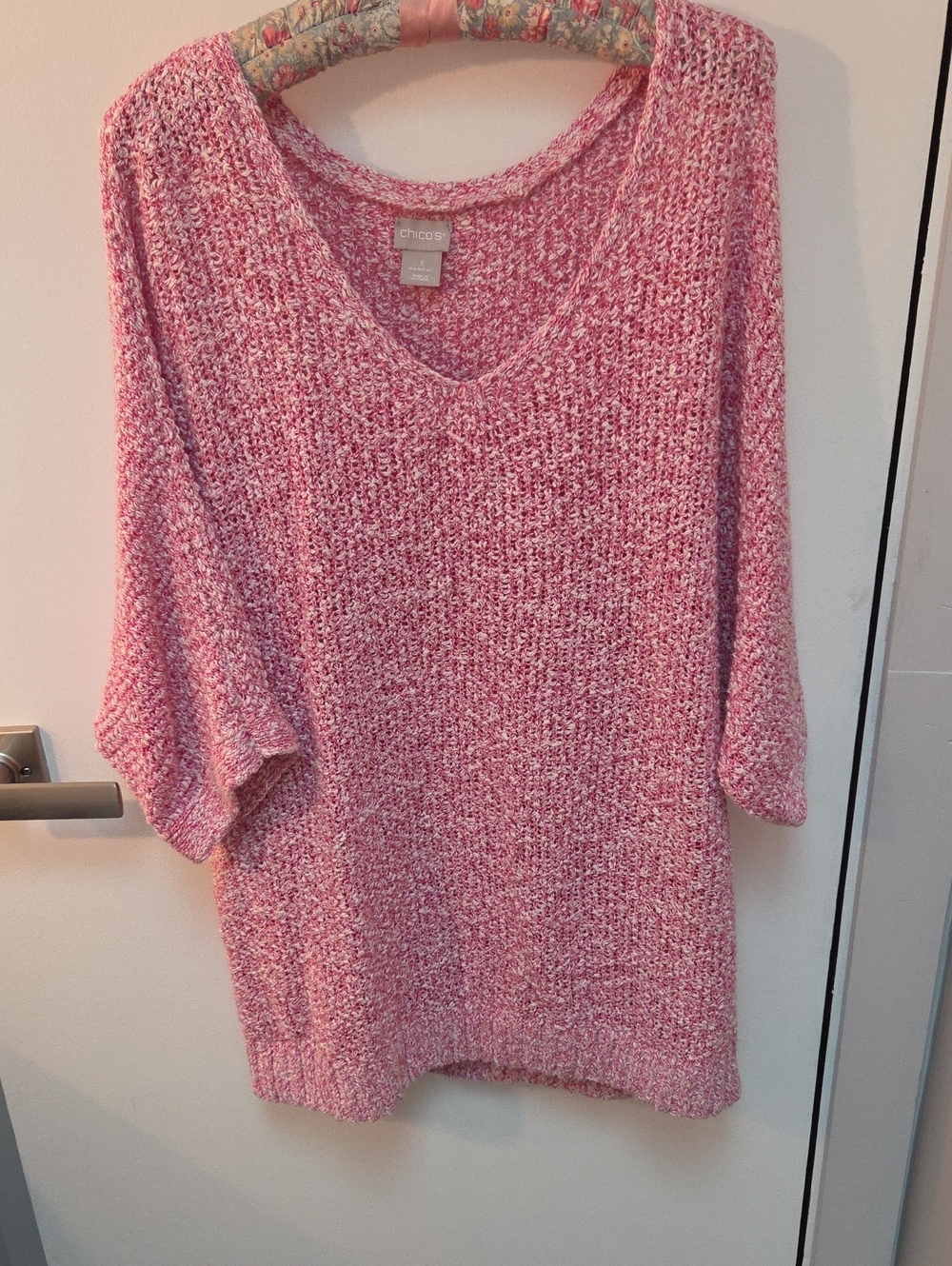 Chico's Pink and White Marled Knit  V Neck Raglan Sleeve Sweater